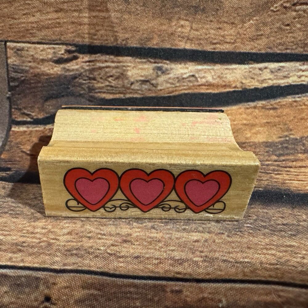 Vintage Triple Heart Border Wood Mounted Rubber Stamp Valentine Craft Scrapbook